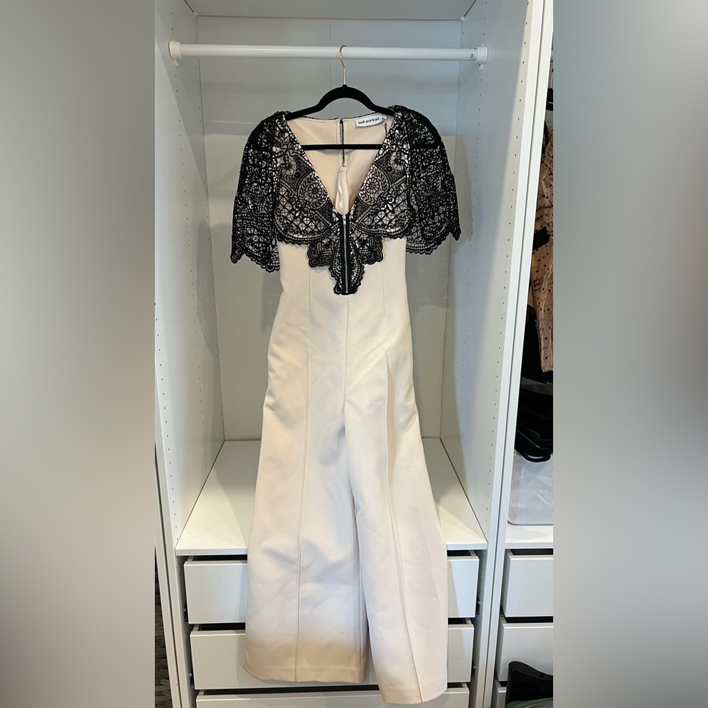 Self Portrait Cream Jumpsuit with Black Lace Overlay